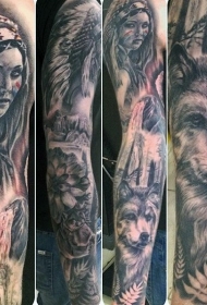 手臂黑白印度女人肖像和狼纹身图案