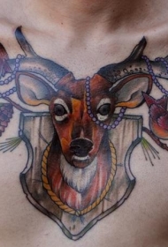 胸部school彩色鹿头小鸟纹身图案