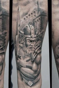 小臂精美的中世纪战士与旧城堡纹身图案