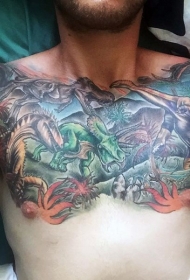 胸部插画风格彩色各种恐龙纹身图案