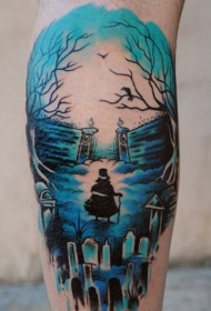 小腿蓝色神秘男子在墓地纹身图案