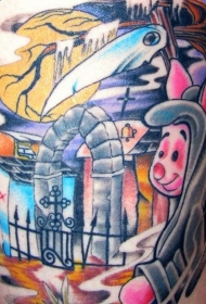 彩色卡通小猪和死亡墓地纹身图案