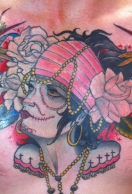 old school胸部彩色吉普赛女人花朵和鸟纹身图案