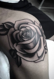膝盖传统风格黑色点刺玫瑰纹身图案