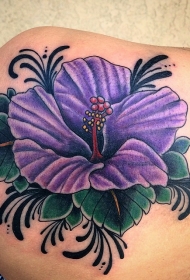 背部巨大的紫色木槿花个性纹身图案