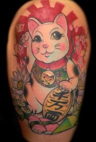 日本传统猫和寿司花朵纹身图案