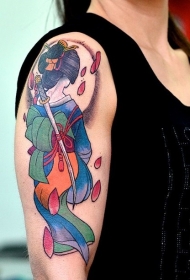 大臂彩色卡通艺妓和剑纹身图案