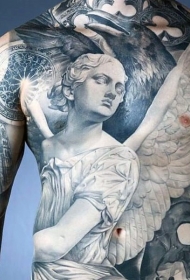 胸部和腹部黑白天使雕像与古老的教堂纹身图案