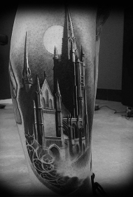 小腿写实幻想城堡黑白纹身图案