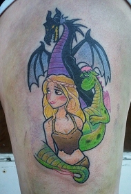 大腿卡通彩色女孩与龙纹身图案