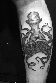 小腿黑灰滑稽的绅士章鱼纹身图案