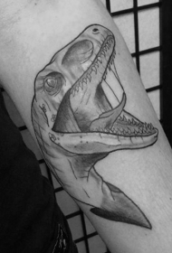 手臂惊人的黑白恐龙头纹身图案