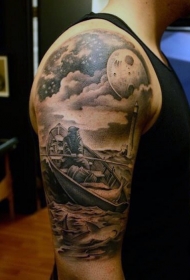 手臂写实黑色船与灯塔夜空纹身图案