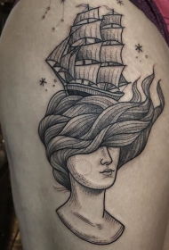 大腿黑色线条点刺神秘女子与帆船纹身图案