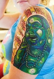 大臂绿色的弥勒佛纹身图案