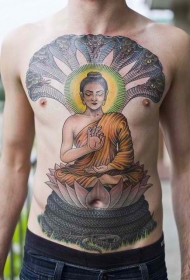 腹部和胸部佛祖坐莲花和蛇纹身图案