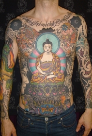 腹部大面积佛像与佛教象征纹身图案