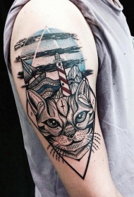 大臂彩色几何灯塔和帆船猫头纹身图案
