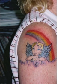 肩部云朵彩虹和小天使纹身图案