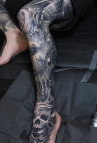 恐怖风格黑色幻想怪物骷髅腿部纹身图案