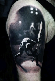 大臂逼真的黑灰音乐家与吉他纹身图案