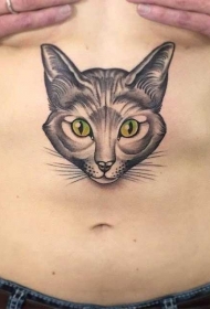 腹部可爱的绿眼睛猫纹身图案