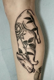 小腿黑色线条小猪与玫瑰花纹身图案