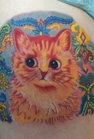 大腿彩色猫和羽毛花纹身图案