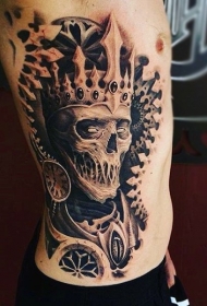 侧肋个性3D黑白骷髅怪物王纹身图案