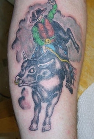 公牛和牛仔彩色纹身图案