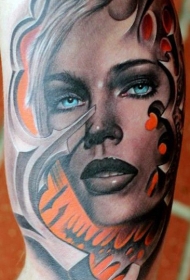 大臂插画风格蓝眼睛的女人肖像纹身图案