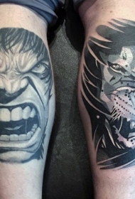 小腿黑白邪恶绿巨人和咆哮的老虎纹身图案