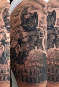 大臂黑白罗马竞技场的老斗士纹身图案