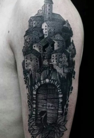 大臂old school黑色中世纪城门纹身图案