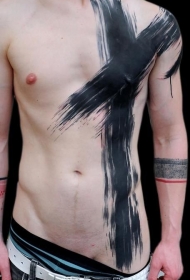 腹部简约的黑色水墨交叉线纹身图案