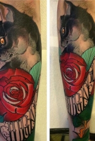 new school小臂猫与玫瑰字母纹身图案