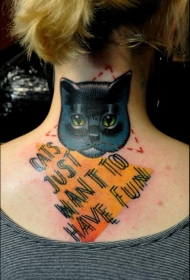 颈部猫头几何英文字母纹身图案