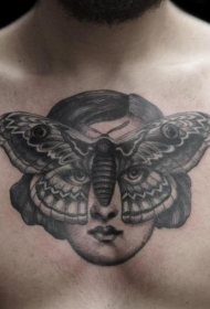 胸部雕刻风格黑色女性脸与蝴蝶面具纹身图案