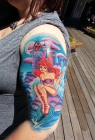 大臂可爱卡通美人鱼与城堡纹身图案