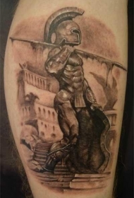 小腿写实黑灰古希腊勇士雕像纹身图案
