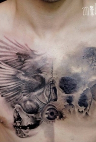 胸部骷髅眼球翅膀乌鸦组合纹身图案
