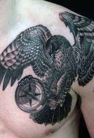 胸部宏伟的黑灰鹰与指南针纹身图案
