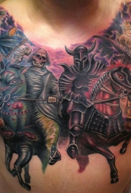 胸部惊人的彩色死亡骑士纹身图案
