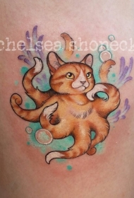 大腿彩色猫咪有章鱼腿纹身图案