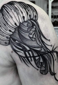 肩部简单设计的黑色线条水母纹身图案