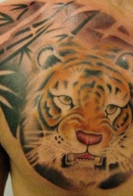 写实的老虎和竹林胸部纹身图案