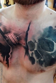 胸部现实主义风格彩色船和骷髅纹身图案