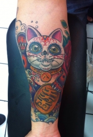 小臂墨西哥式风格招财猫彩色纹身图案