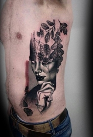 超现实主义风格侧肋黑色女性肖像植物纹身图案