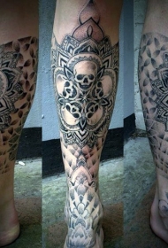 小腿黑色梵花骷髅纹身图案